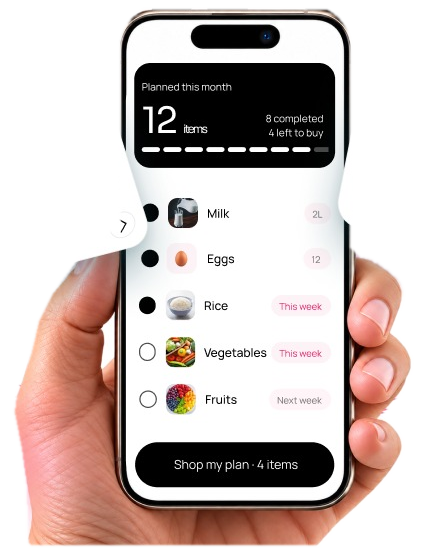 TRACO app on a phone: 12 items planned this month, 8 completed, with a to-buy list